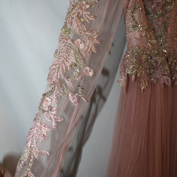 NWT MAC DUGGAL EMBROIDED LACE LONG SLEEVED ROSE GOLD GOWN SZ 8 11168 - Picture 6 of 9